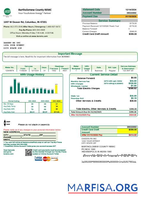 Realistic USA Indiana Bartholomew County REMC business utility bill template in Word and PDF formats